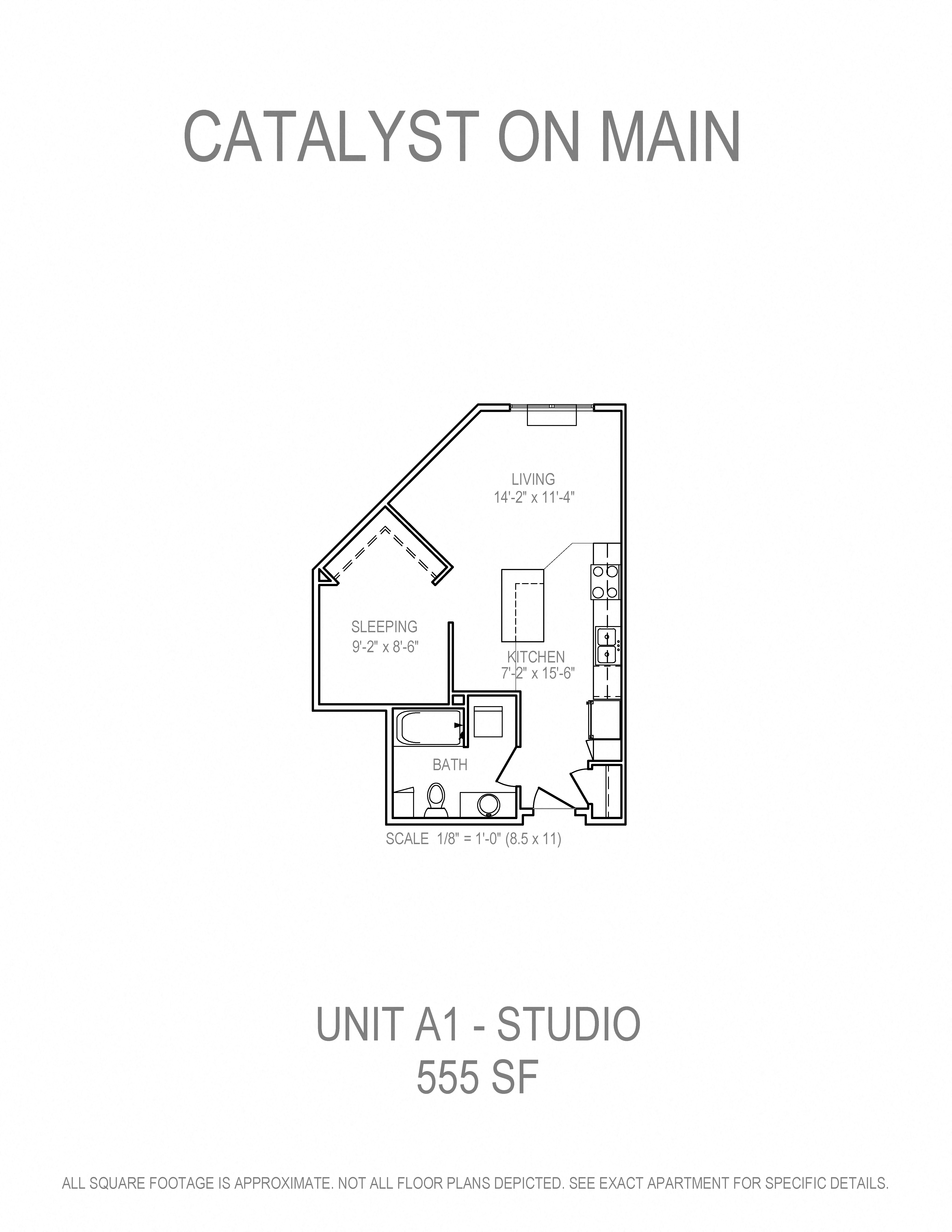 Floor plan for studio, 1 bath, 555 sqft